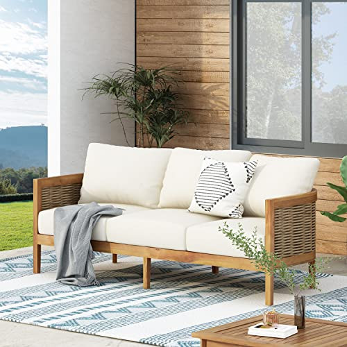 Merax 76.5" Outdoor Acacia Wood Wicker 3 Seater Sofa, Patio Furniture Couch for Backyard | Amazon (US)