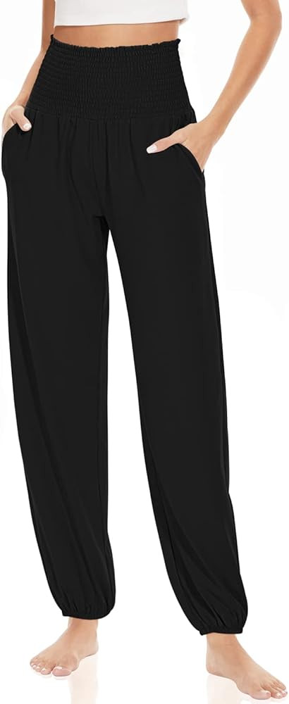 UEU Women's Smocked Ruffle High Waisted Dance Harem Pants with Pockets Soft Comfy Lounge Yoga Jog... | Amazon (US)
