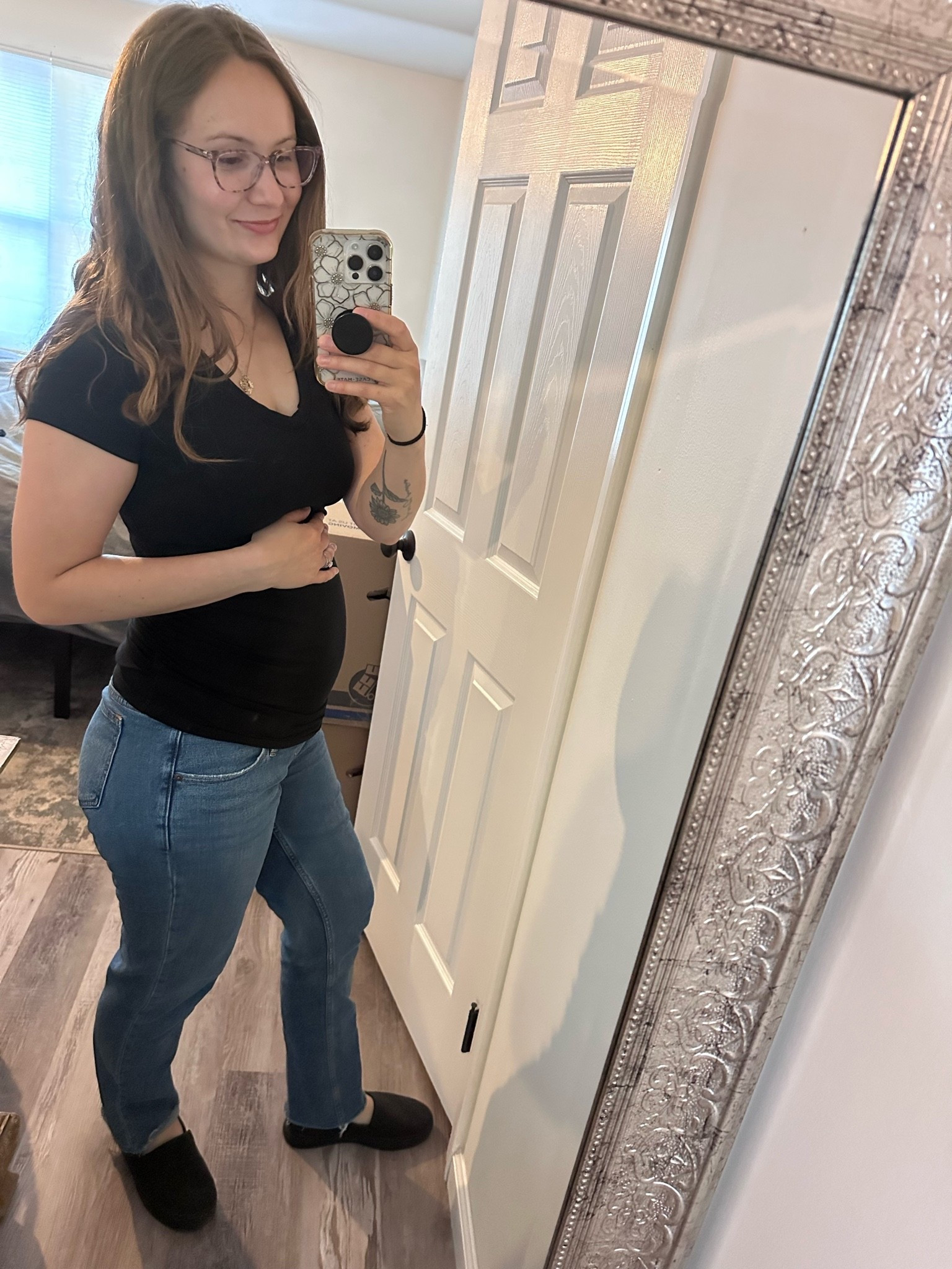 Effortless + comfy 🤍✨
Living in this maternity fit lately — the perfect combo of cute, stretchy, and bump-friendly. This basic black tee is so flattering and pairs with everything, and these jeans have just the right amount of support without feeling restrictive 🙌

Easy everyday look you can dress up or keep casual 👟🖤 #LTKbump #maternitystyle #everydayoutfit

#LTKBump #LTKBaby #LTKmomlife