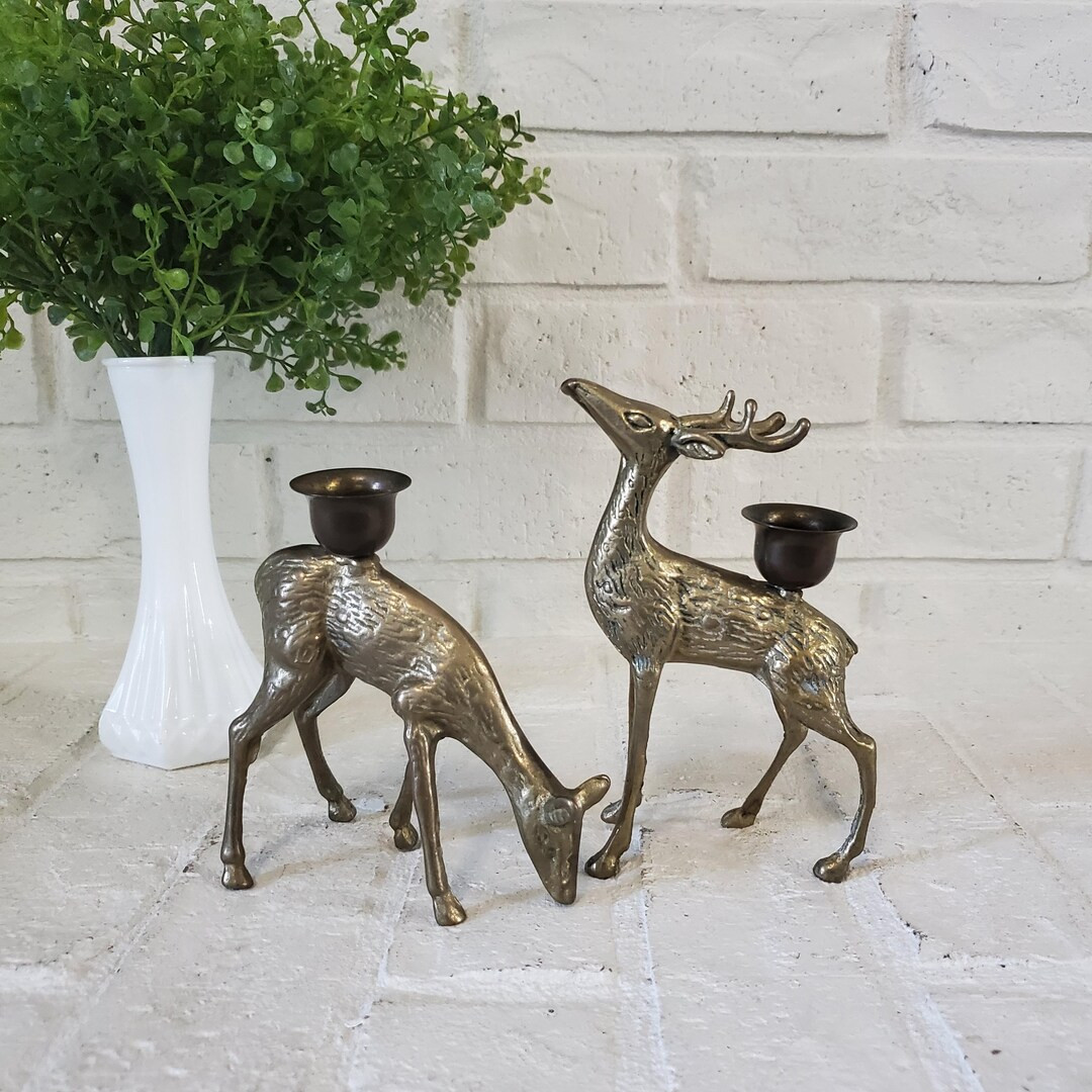Vintage Pair of Solid Brass Deer Taper Candle Holders: Buck and Doe Figurines - Etsy | Etsy (US)