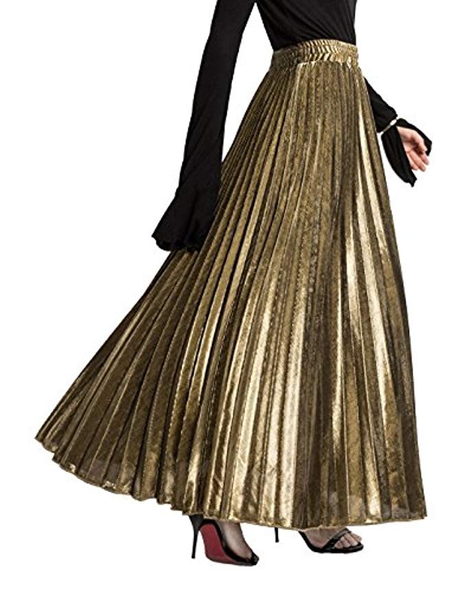 Chartou Women's Premium Metallic Shiny Shimmer Accordion Pleated Long Maxi Skirt | Amazon (US)