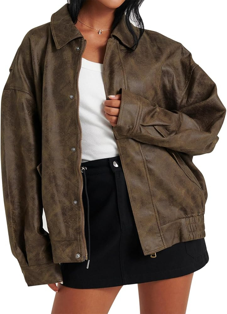 Tankaneo Womens Oversized Leather Jackets Trendy Zip up Bomber Motorcycle Coat 2025 Going out Out... | Amazon (US)