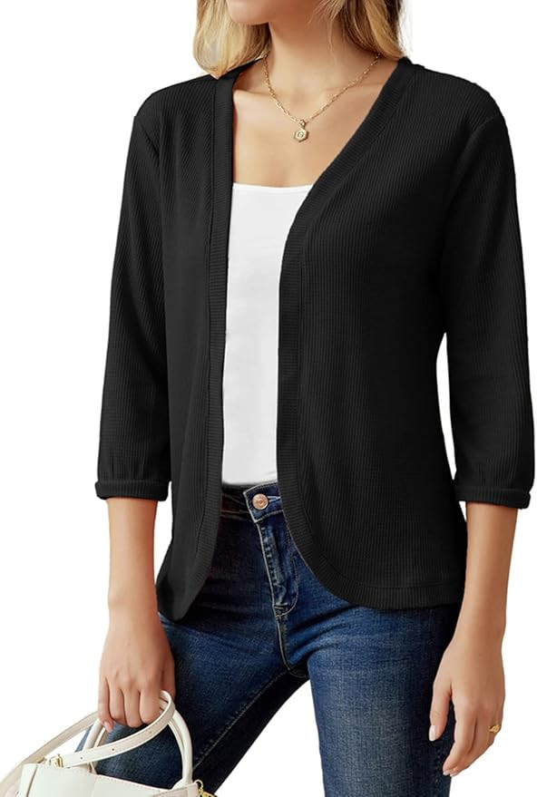 GRACE KARIN Women's Open Front Cardigan 3/4 Sleeve Waffle Knit Casual Sweater | Amazon (US)
