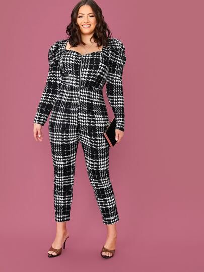 SHEIN Plus Leg-of-mutton Sleeve Zip Front Plaid Jumpsuit | SHEIN