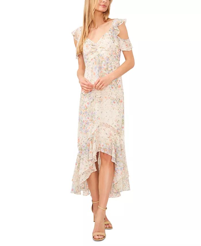 CeCe Women's Floral Cold-Shoulder Ruffle-Hem Midi Dress - Macy's | Macy's