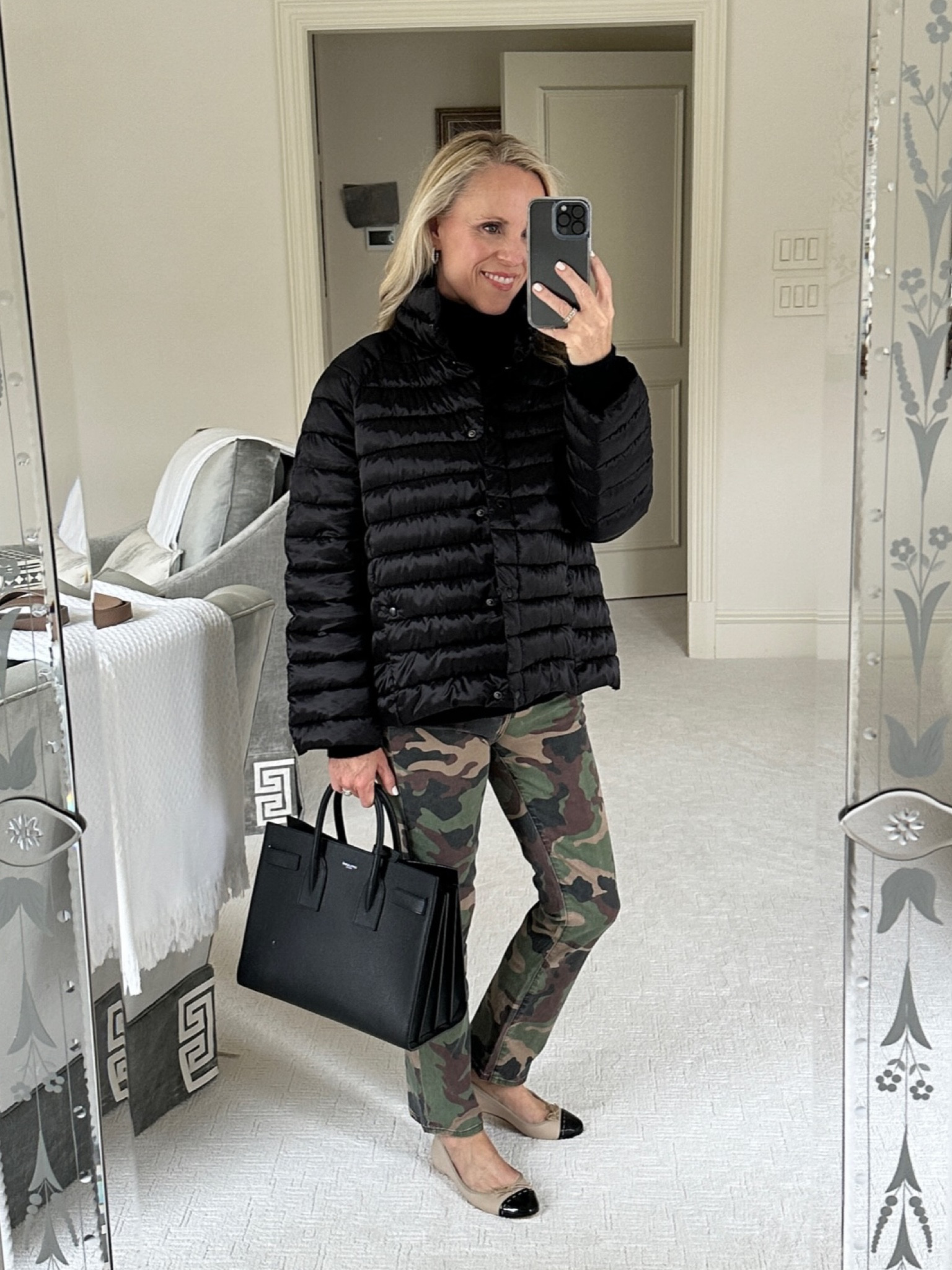 Chic, daytime look 
black Tuckernuck puffer coat, black cashmere turtleneck, Veronica Beard, camo jeans, YSL, tote cap toe flats

#LTKstyletip #LTKSeasonal #LTKFind