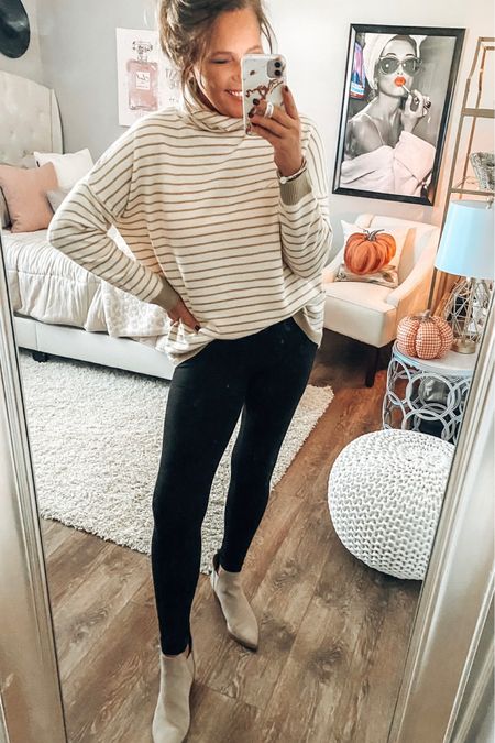 Striped oversized sweater from Amazon, on sale! Comes in more colors, fits relaxed. Styled with leggings and v cut taupe boots. 

Casual outfit, thanksgiving outfit, leggings outfit, booties, boots, amazon fashion, Amazon finds, Amazon deals, amazon best sellers, Black Friday 

#LTKsalealert #LTKSeasonal #LTKunder50