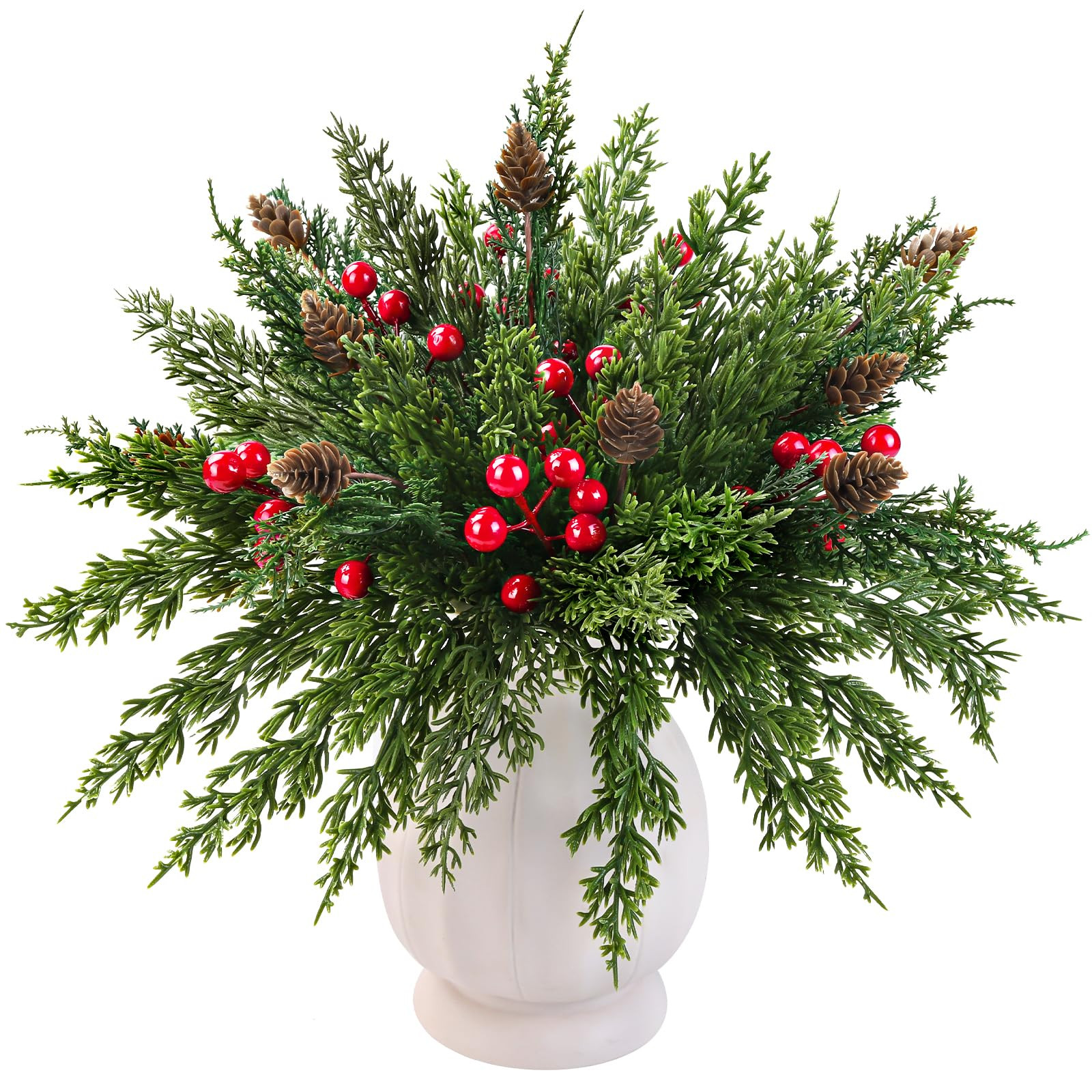 60 Pcs Christmas Artificial Pine Branches Red Berry Stems and Pine Cones, Fake Foliage Greenery P... | Amazon (US)