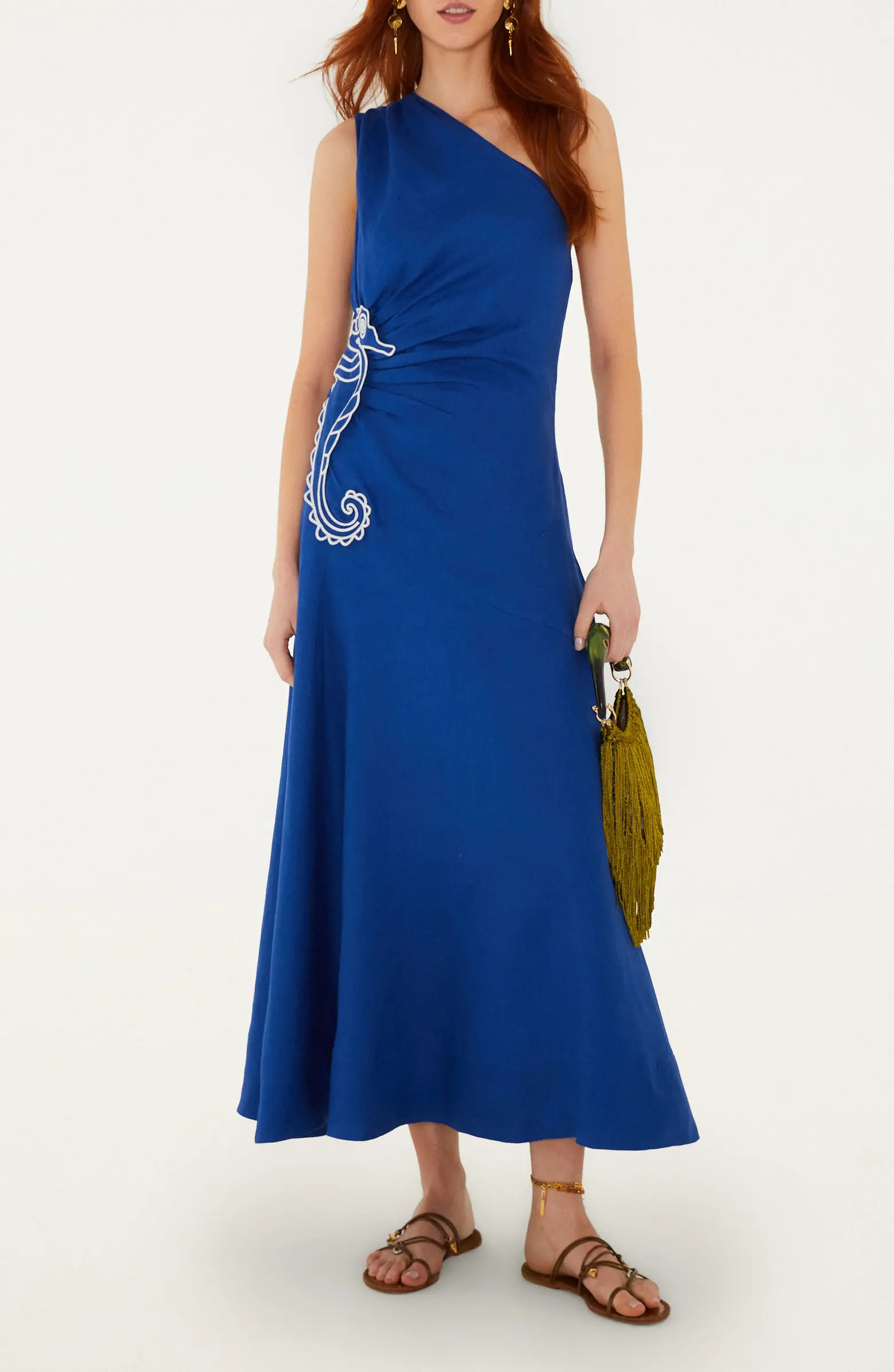 FARM Rio Embroidered Seahorse One-Shoulder Linen Dress | Nordstrom | Nordstrom