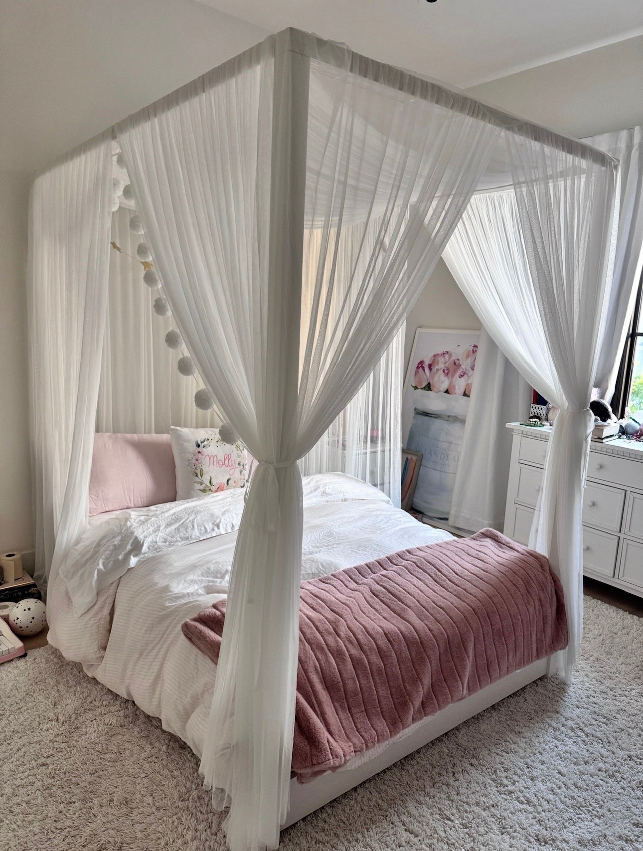 So many questions about my daughter’s bed. I don’t think they make this frame in white anymore, but it honestly might even feel a little more sophisticated in the natural tone with the white canopy for your child to grow up with and grow into ￼