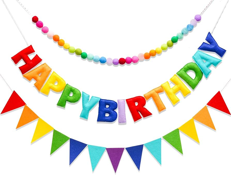 3 Pcs Pre-Strung Happy Birthday Banner, Felt Ball Garland, Pennant Triangle Flags, Rainbow Party ... | Amazon (US)