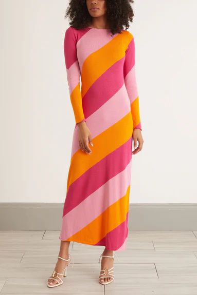 Diagonal Stripe Knit Maxi Dress in Pink Multi | Hampden Clothing