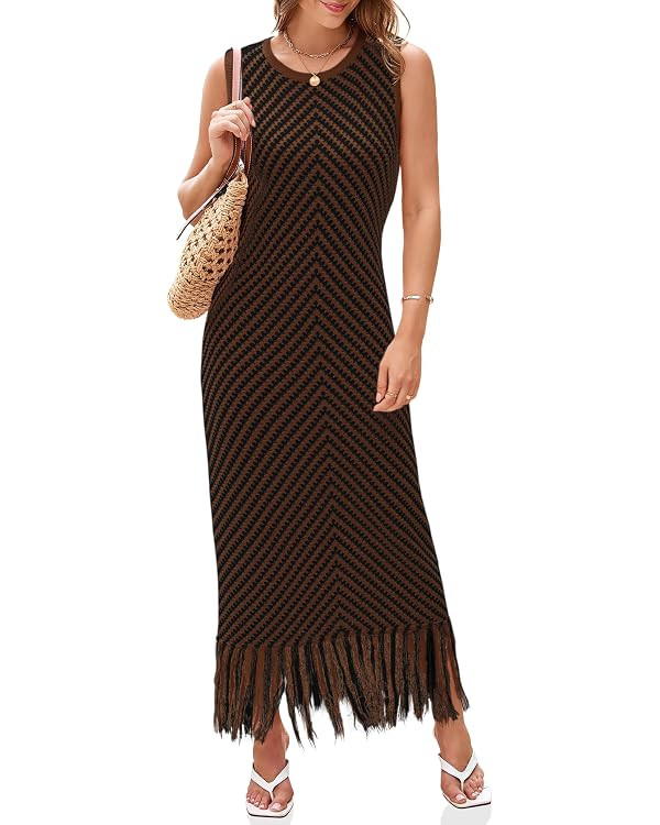 Wenrine Womens Summer Crochet Knit Dress Sleeveless Casual Striped Tassel Tank Sweater Boho Maxi ... | Amazon (US)