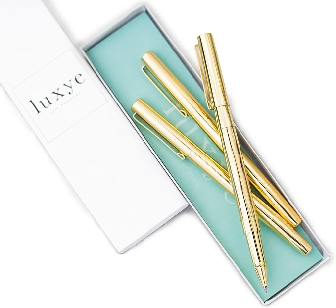 Gold Pens with Gold Pen Cap 3 Piece Pen Set - Gold Rollerball Metal Pens - Fine Point Black Gel I... | Amazon (US)