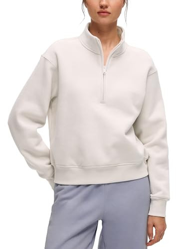 CRZ YOGA Cotton Fleece Lined Half Zip Sweatshirt for Women - Pullover Funnel Neck Workout Casual Sweat Shirts with Pocket Milky White X-Large | Amazon (US)