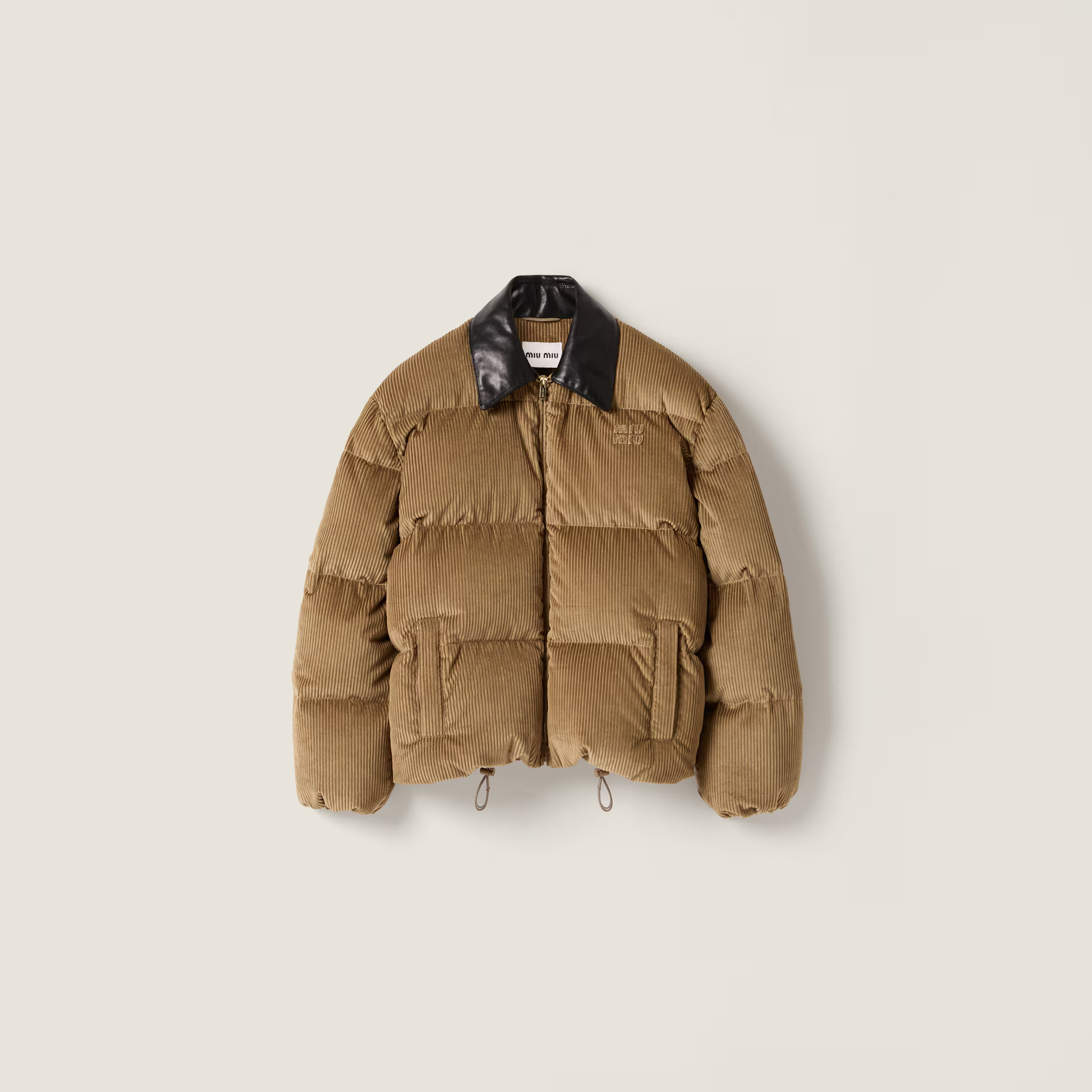 Cork Beige Corduroy And Nappa Leather Down Jacket | Miu Miu | Miu Miu US