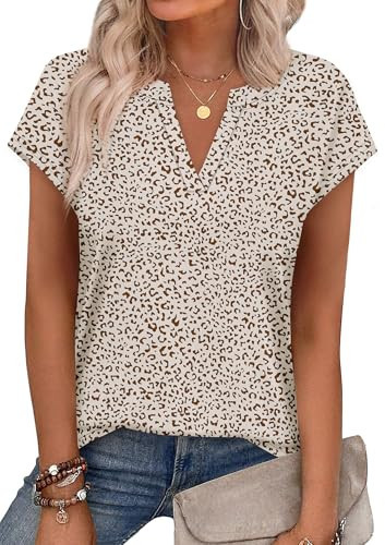 WIHOLL Womens Tops Summer Dressy Casual Boho Tops Cap Sleeve V Neck T Shirts Business Casual Fashion Clothing Vacation Outfits Short Sleeve Shirts Leopard Print S | Amazon (US)