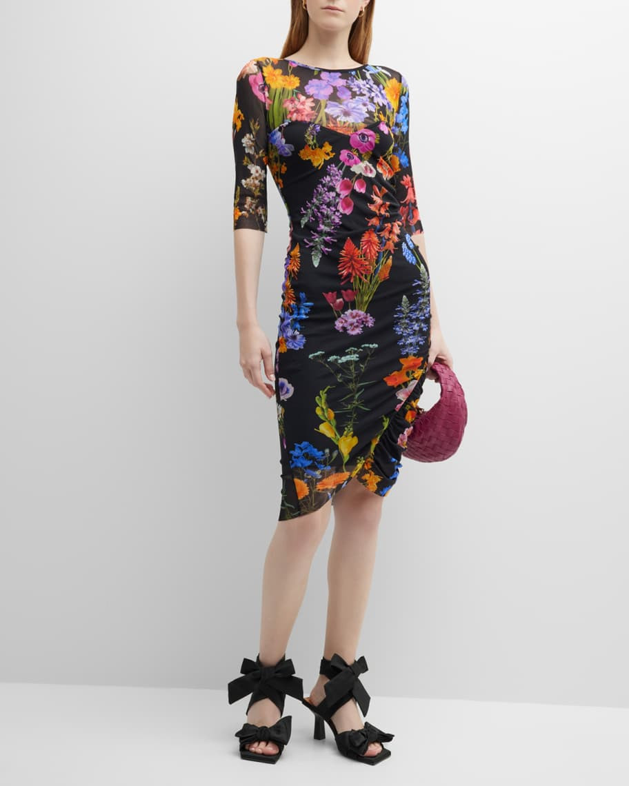 Fuzzi Ruched Floral-Print Bodycon Tulle Dress | Neiman Marcus