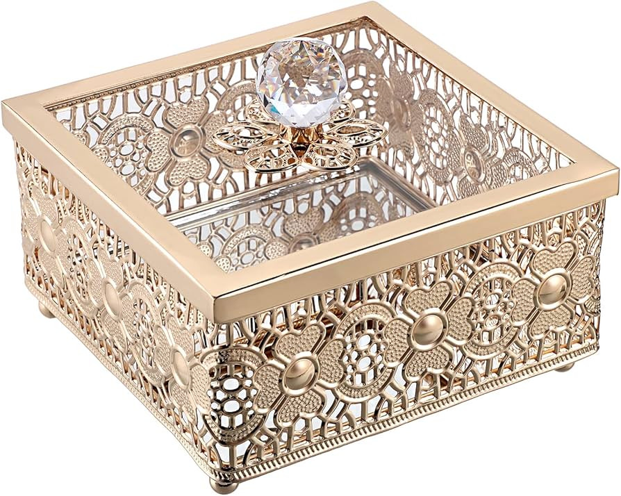 Hipiwe Vintage Gold Jewelry Box with Glass Lid Mirrored Trinket Box Square Hollow Out Metal Decor... | Amazon (US)