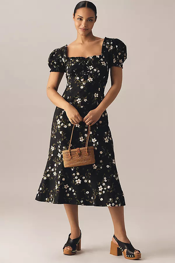 Maeve Linen Blend Puff-Sleeve Sweetheart Midi Dress | Anthropologie (US)