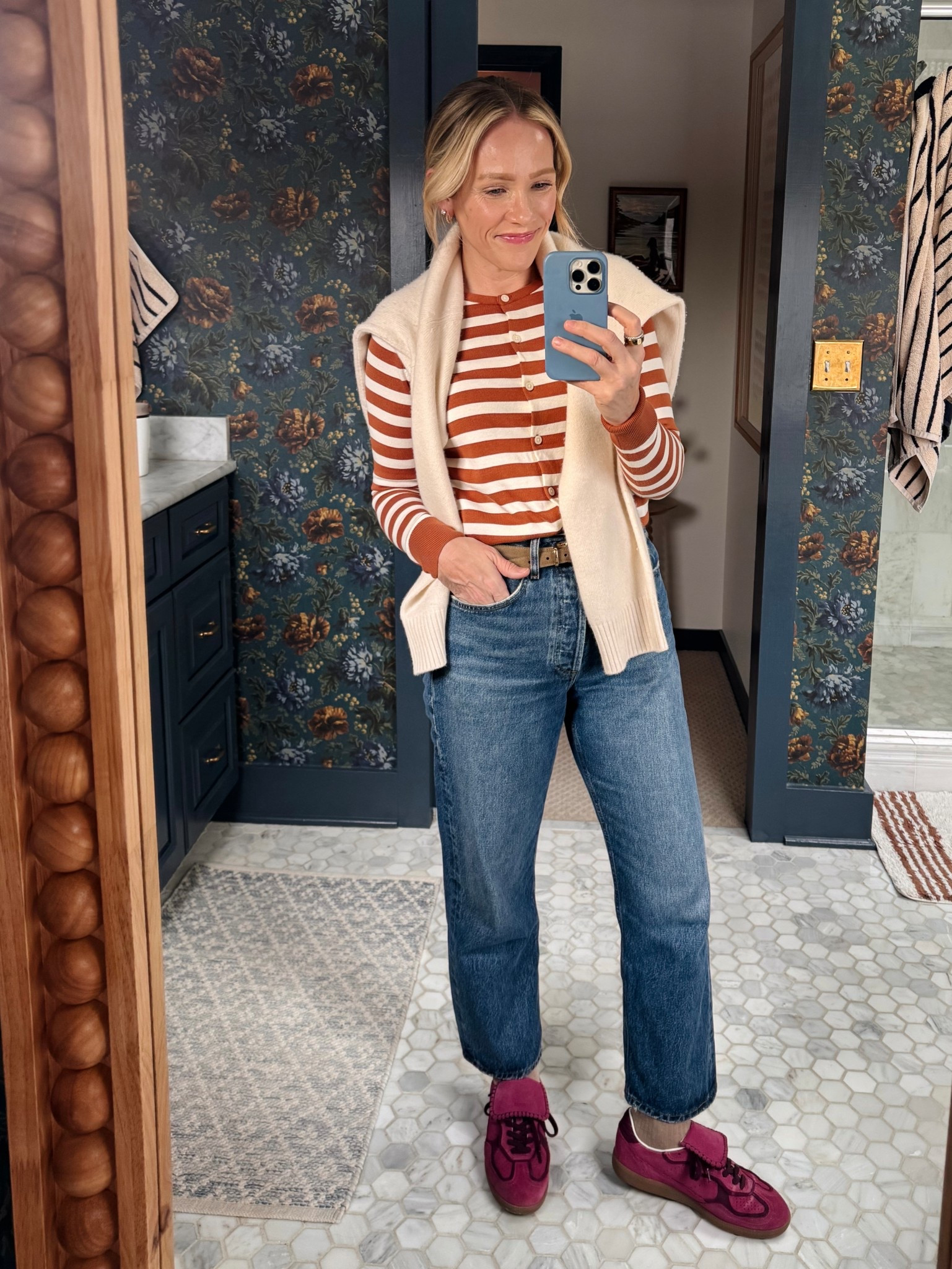 Lands End cardigan worn as a top, follow the size chart I wear an xs ~ Quince oversized cashmere sweater in my regular size small ~ B-Low the belt true to size ~ Agolde 90's crop jeans true to size also linked the similar Levi's 90's that are under $100 ~ Aloha sneakers run slightly large but still wearing my regular size ~ xo, Claire

#LTKootd #LTKOver40 #LTKmomlife