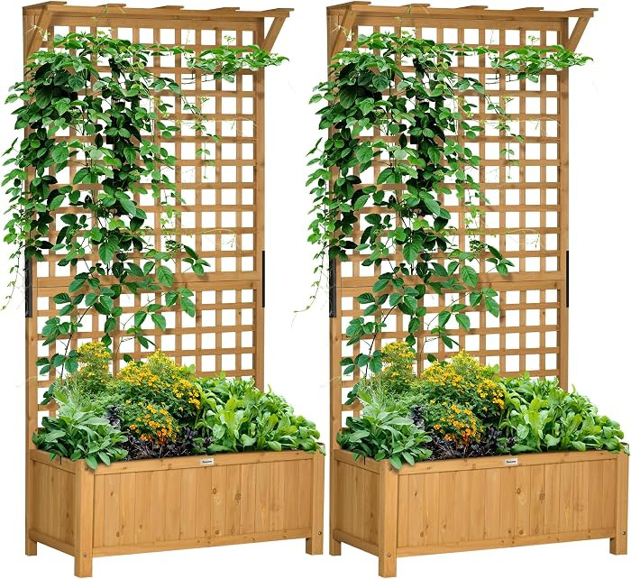 Outsunny Wood Planter with Trellis, Raised Garden Bed for Climbing Plants with Drainage Holes and... | Amazon (US)