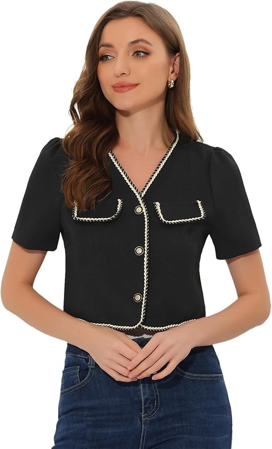 Allegra K Tweed Jacket for Women's Cropped Collarless Contrast Trim Short Sleeve Blazer | Amazon (US)