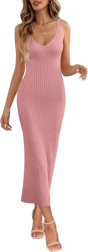 MEROKEETY Womens 2024 Summer V Neck Knit Midi Dress Bodycon Sleeveless Ribbed Sweater Dresses | Amazon (US)