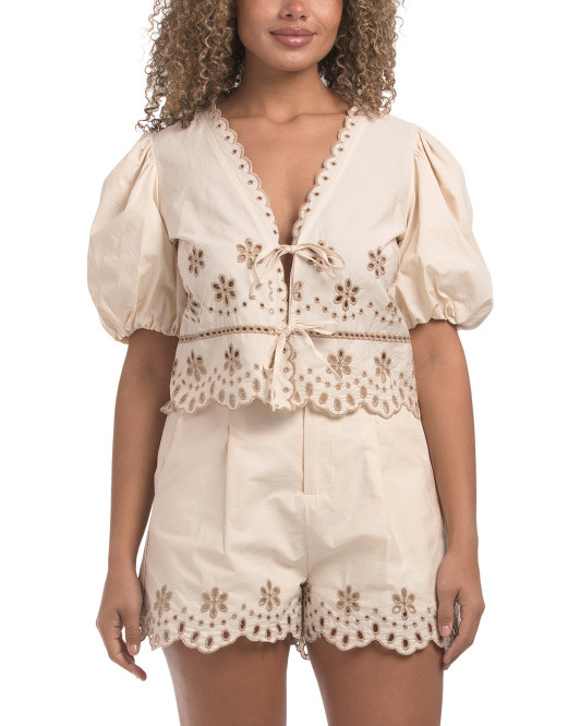 Eyelet Detail Puff Sleeve Front Tie Top | TJ Maxx