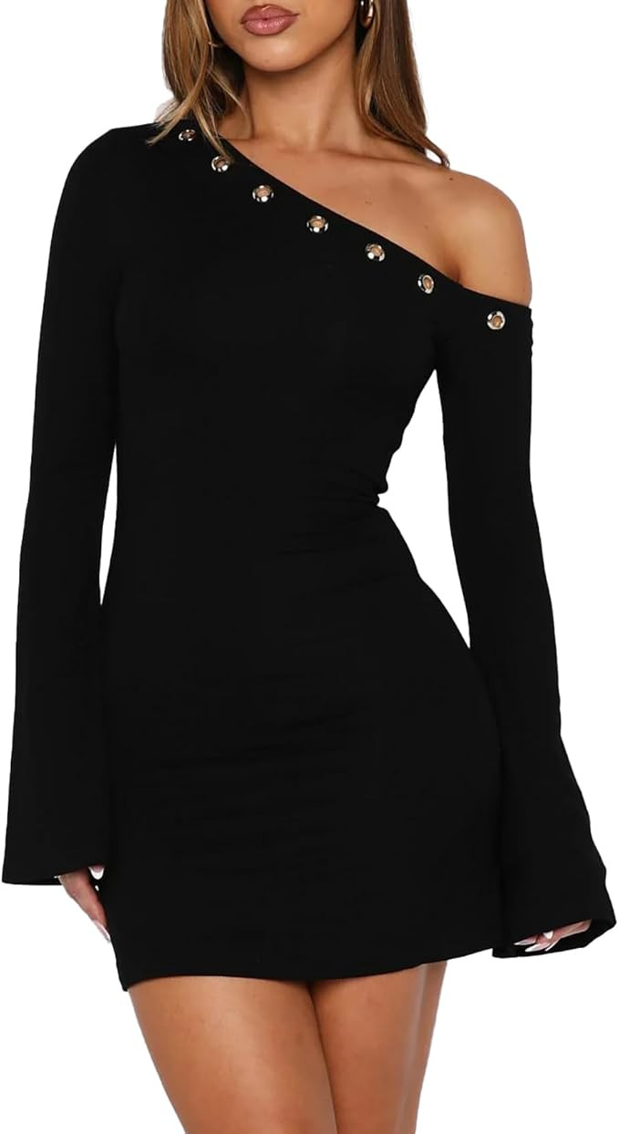 Women's Fall Off The Shoulder Long Flared Sleeve Mini Dress Neckline with Silver Eyelet Bodycon P... | Amazon (US)