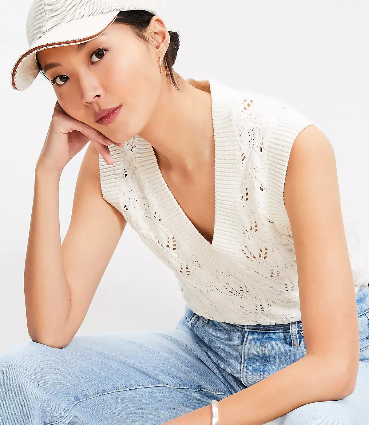 Pointelle V-Neck Sweater Vest | LOFT