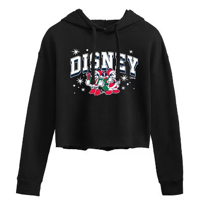 Women's Disney Holiday Mickey & Minnie Cropped Graphic Hoodie - Black - Small | Target