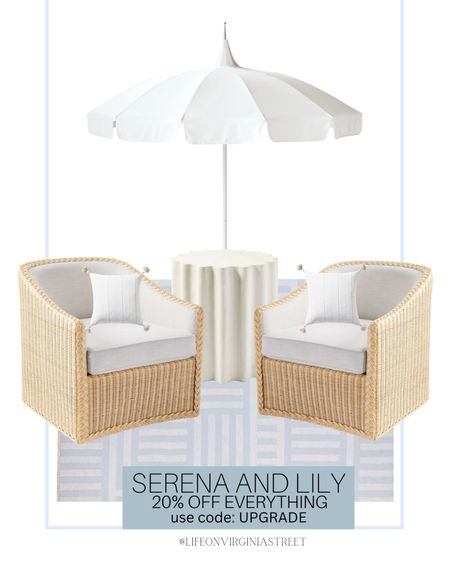 Serena and Lily is still having 20% off everything with code: UPGRADE! This sale includes these outdoor seats, outdoor throw pillows, patio umbrella, outdoor rug, outdoor side table, and more! 

coastal patio, coastal living, coastal style, serena and lily outdoor decor, serena and lily, patio furniture, porch decor, poolside furniture, courtyard, courtyard furniture, coastal home, beach house, beach house decor, serena and lily sale, furniture sale