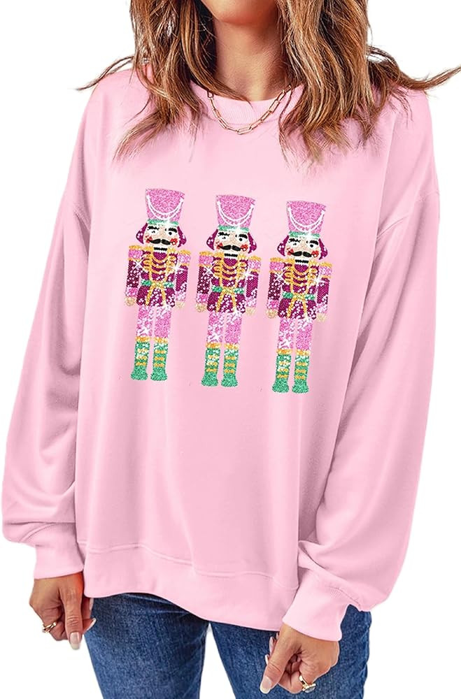 KMBANGI Women Cute Santa Sweatshirt Christmas Nutcracker Sequin Print Shirts Crewneck Long Sleeve... | Amazon (US)