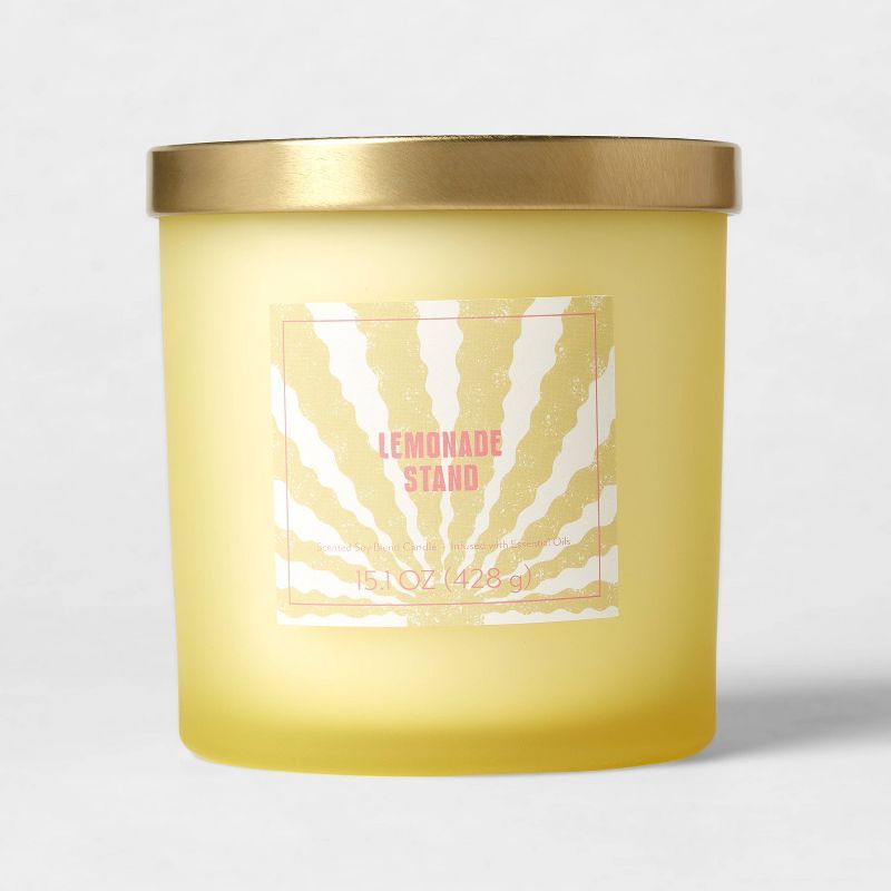 15oz Lidded Glass Jar 3-Wick Candle Sunshine Graphic Label Lemonade Stand Yellow - Opalhouse™ | Target