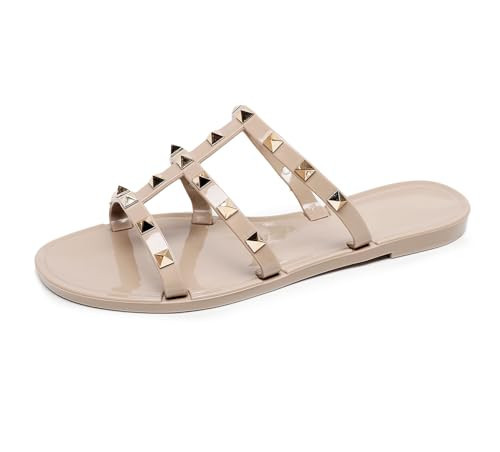 OMGard Womens Studded Sandals Jelly Shoes Woman Summer Beach Jellies Flats Size 10 Beige Ladies Walking Slides with Rivets Cute Dress Open Toes Slippers Comfort Slip On | Amazon (US)