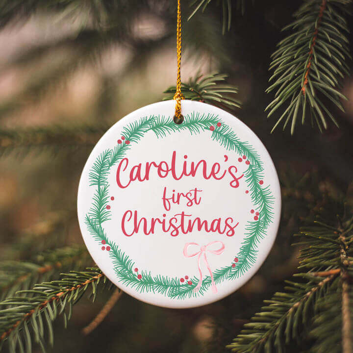 Personalized Ceramic Christmas Ornament | Bow Wreath | Caden Lane
