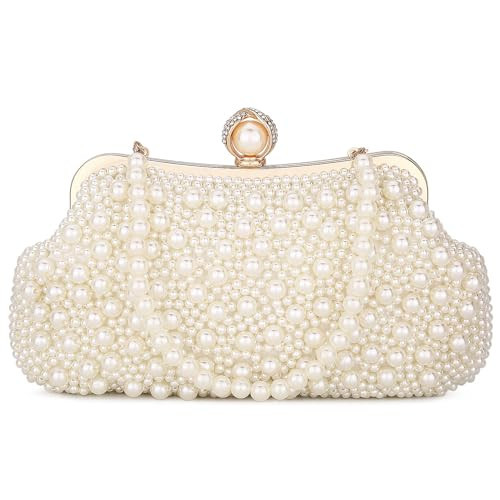 UBORSE Women Pearl Clutch Bead Rhinestone Evening Clutch Bag with removable Pearl Chain Ivory Beige | Amazon (US)