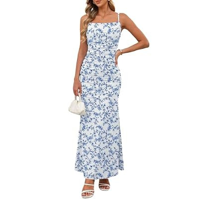 Zelroxa Women Sleeveless Spaghetti Strap Floral Maxi Dress Ruched Bodycon Beach Weddin… | Amazon (US)