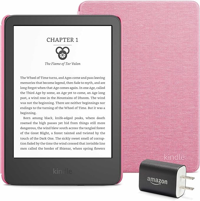 Kindle Essentials Bundle including Kindle (2024 release) - Black, Fabric Cover - Rose, and Power ... | Amazon (US)