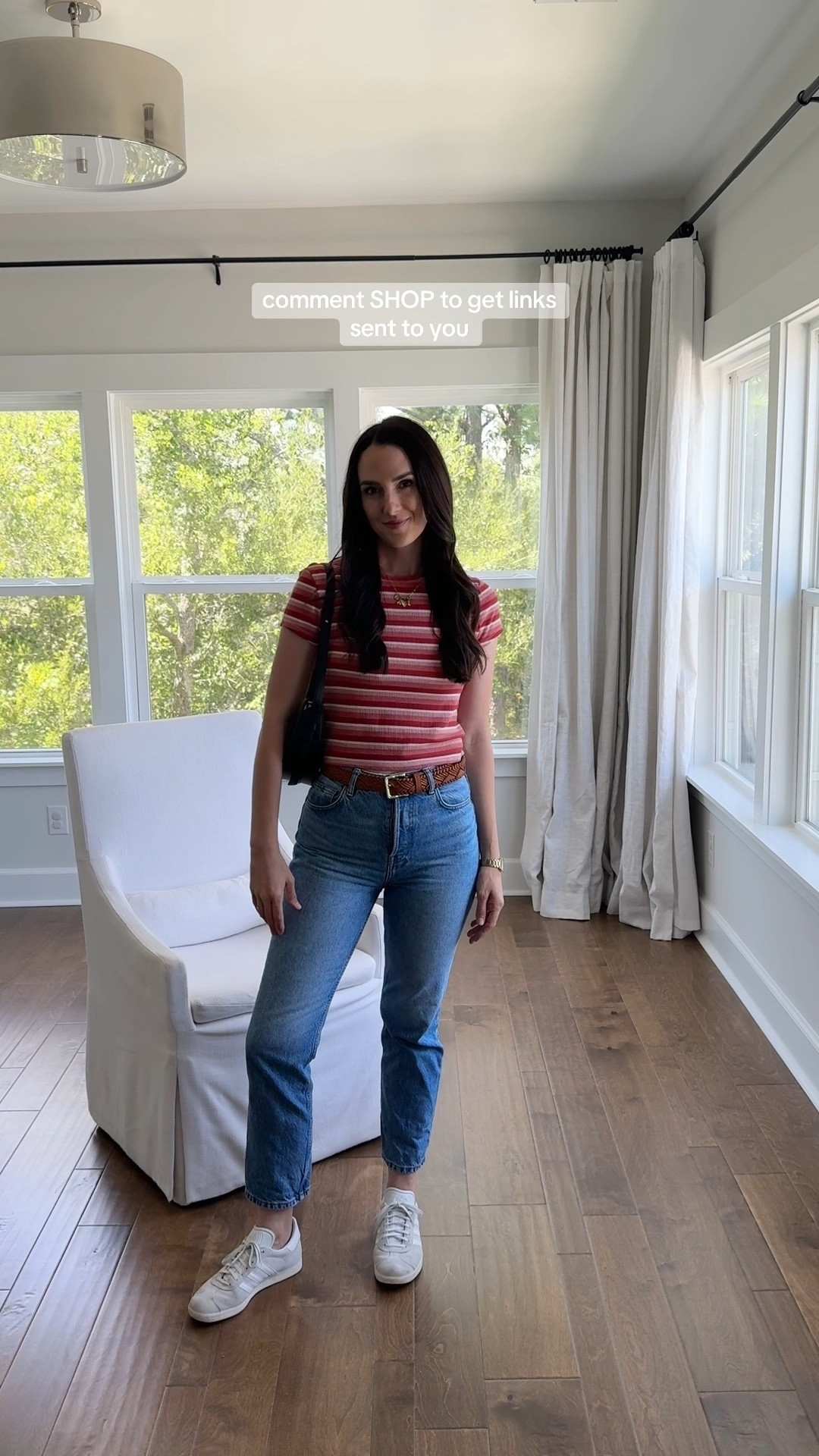 casual every day mom outfit 🤍✨ I love the length of this top. It’s not too short and not too long, but just right. 

These jeans are great for dressing up or down. I wear them alllll the time! 

#reformation #momoutfit #ootd #casualoutfit #jeans #gazelle #adidas #polenebag #jcrew 

#LTKStyleTip #LTKVideo
