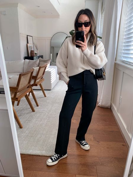 Simple neutral outfit with trousers. Also, this sweater is on sale. Such a classic 3/4 zip. Runs TTS. 

Sweater - Everlane xs
Pants - j.crew petite 0
Sneakers - Converse 5
Bag - Celine medium 
Sunglasses - Celine  