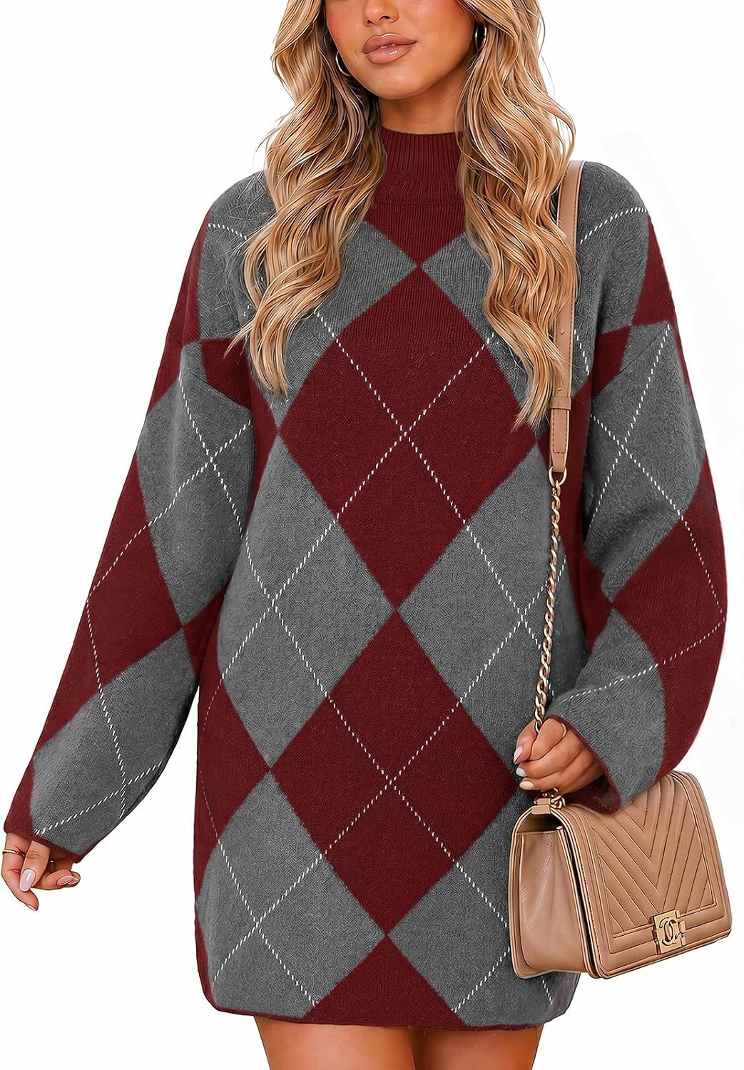 Wenrine Womens Argyle Oversized Sweater Dress Fall Long Sleeve Knit Dresses | Amazon (US)