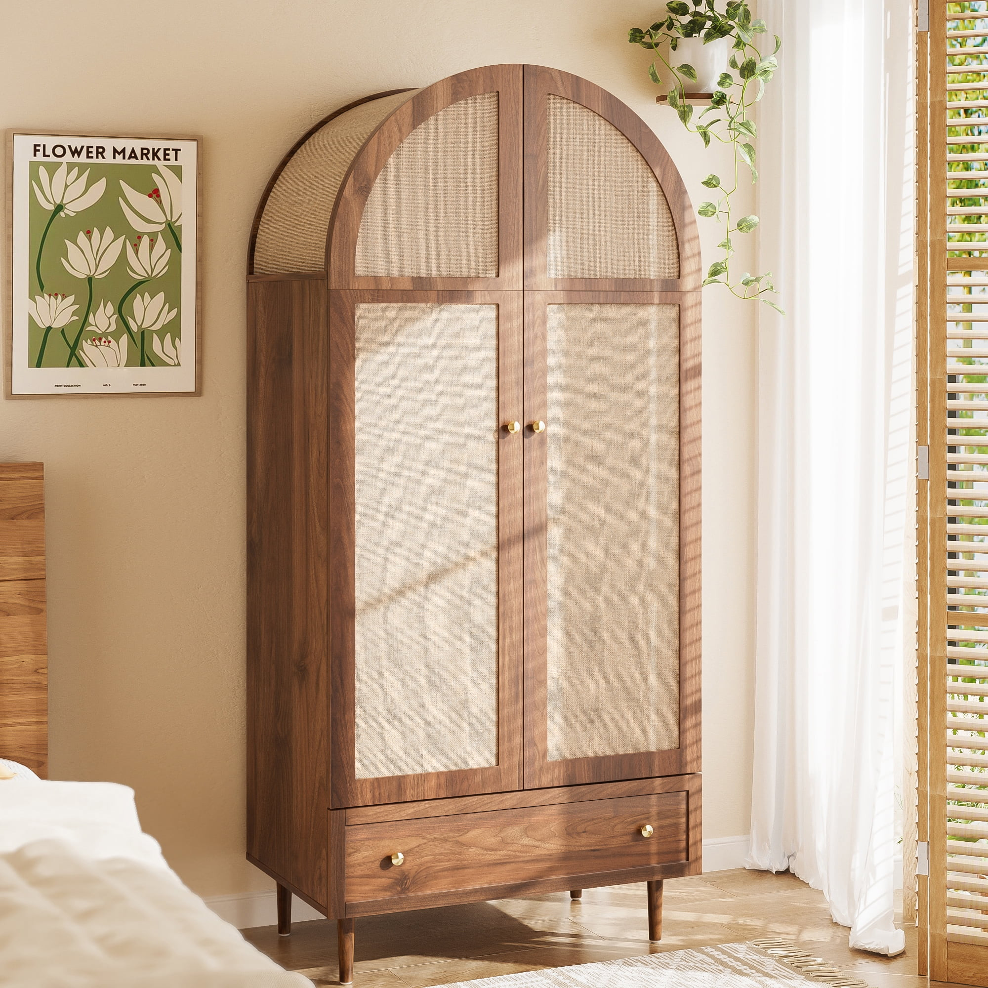 Noble House Walnut Wardrobe with Fabric Doors & Drawer, Sturdy Wooden Legs Clothes Cabinet, Walnu... | Walmart (CA)