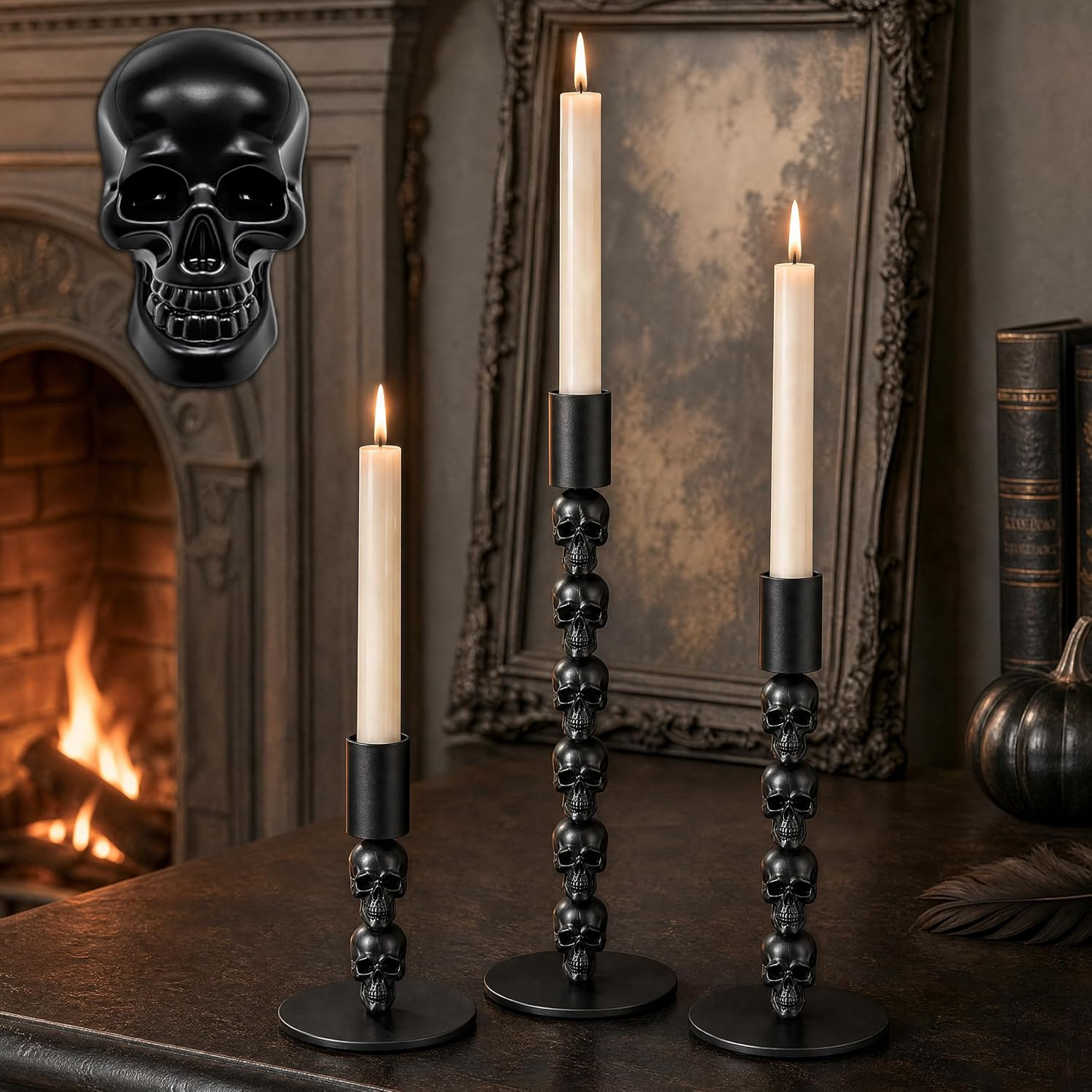 Skull Candle Holder, Gothic Taper Candlestick for Halloween, 3 Pack | Amazon (US)