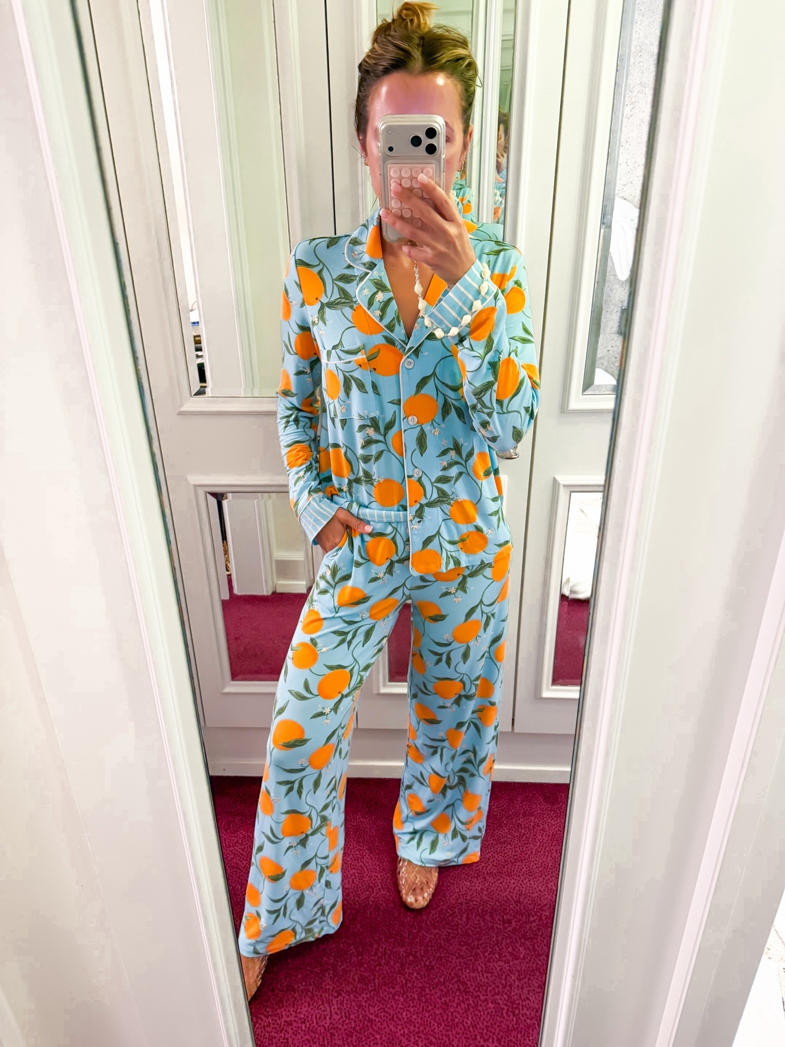 Matching orange print pajama set in XS - could size down if in-between. Has pockets and stretchy waistband. Comes with matching eye mask. Functional buttons. I packed these for Europe! Matching pajama sets.

#LTKootd #LTKgrwm #LTKmorningroutine