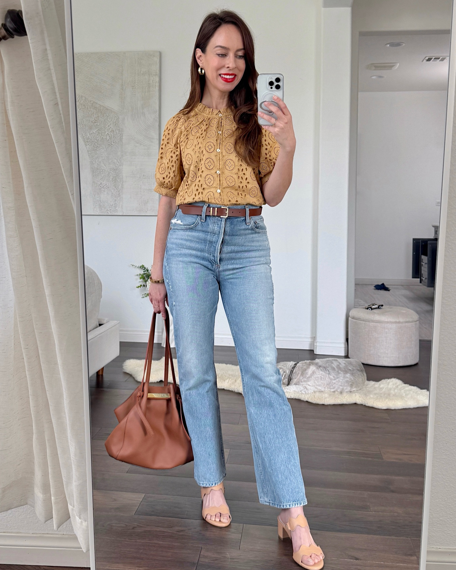 Sizing deets: Blouse: S / Jeans: 24 (linked updated style) / Belt: xs/s / shoes run tts / lipstick color: Lady Danger 💋

The eyelet is great for showing a little skin in a more subtle way and the color feels much more me now. Instead of stilettos, I go for a skin-tone block heel to keep things comfy while still lengthening my legs.

#LTKStyleTip #LTKPetite #LTKOver40