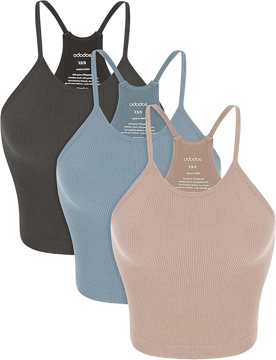 ODODOS Women's Crop 3-Pack Washed Seamless Rib-Knit Camisole Crop Tank Tops | Amazon (US)