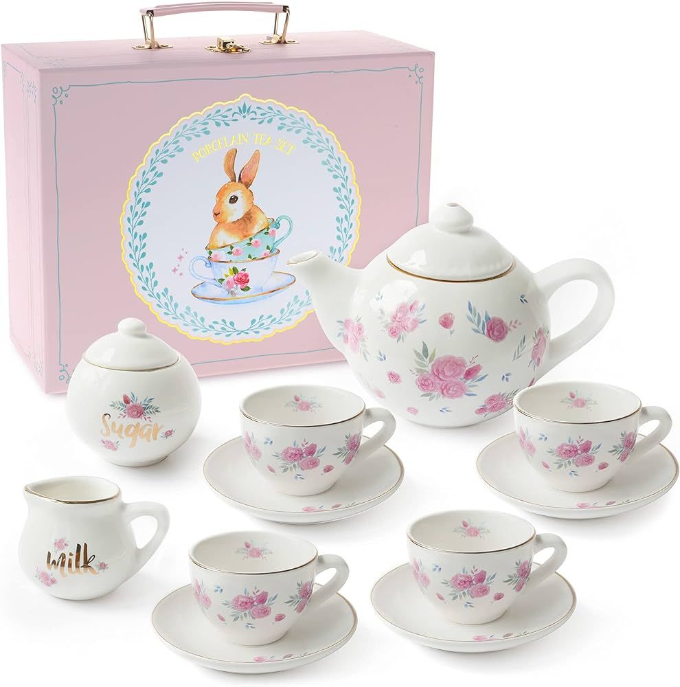 Jewelkeeper Tea Set for Little Girls - 13 pcs. Porcelain Tea Set for Kids Tea Time Includes Teapo... | Amazon (US)