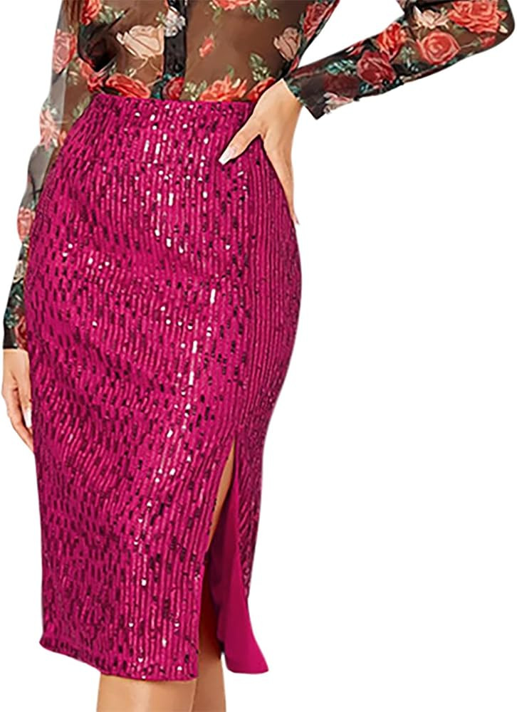 Women's Sequin Skirt High Waist Side Split Sparkly Glitter Pencil Midi Skirts Sexy Elegant Cockta... | Amazon (US)
